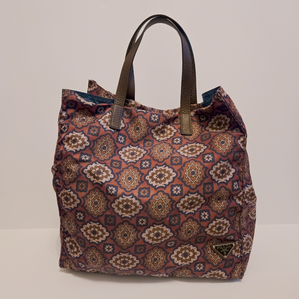 PRADA Mens Womens Tessuto Nylon Printed Tote With Triangle Logo Detail.